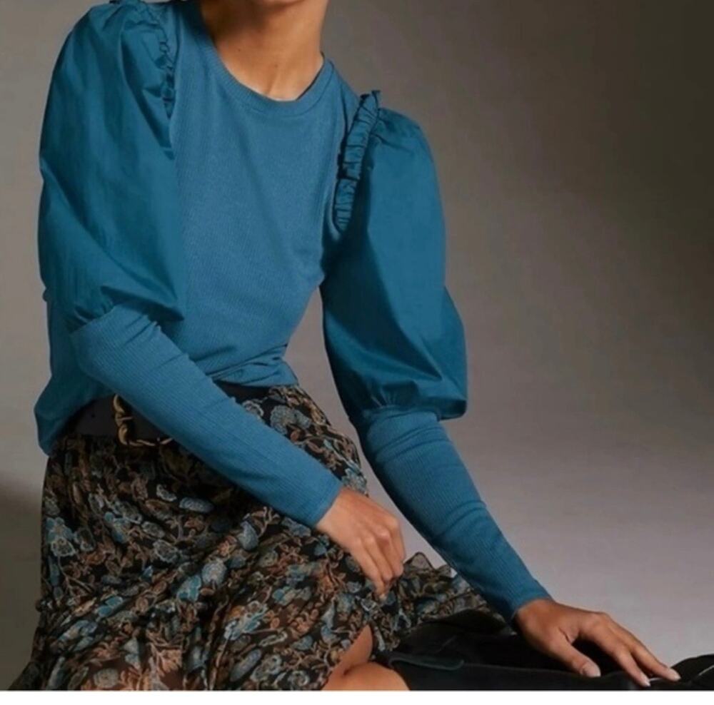 NWOT Anthropologie Puff Sleeve Blue Long Sleeve Top Medium